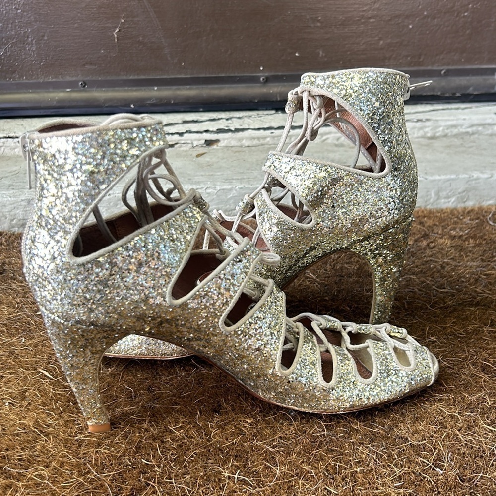 Jeffery Campbell for Free People Gold Sequin Lace Up Heels Gold Glitter Sz 9.5 - Picture 9 of 15